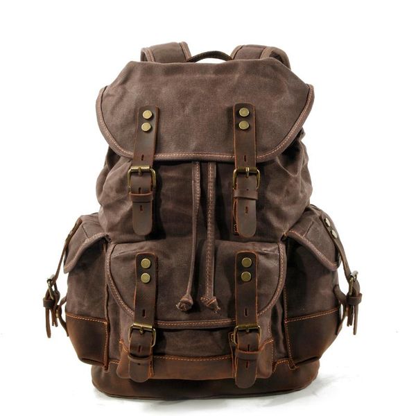 

backpack european and american outdoor leisure student bag large capacity travel canvas stitching leather climbing