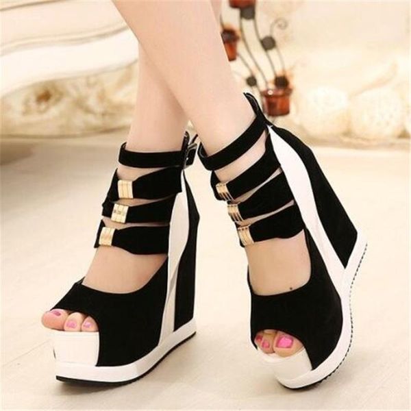 

sandals summer muffin thick bottom women's fish mouth super 14 cm high slope heel waterproof height increasing fashion shoes, Black