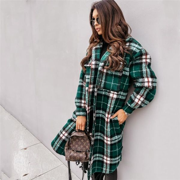 

women's jackets winter checked women jacket plaid warm turn down overcoat oversize long thick woolen blends coats single-breasted stree, Black;brown