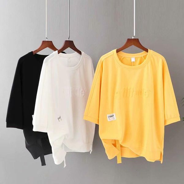 

plus size t-shirt for women three quarter sleeve length round collar pure cotton looser early autumn, Black