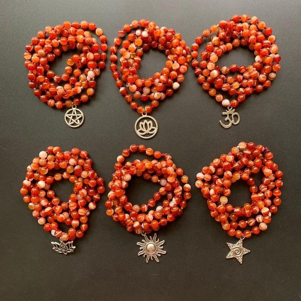 

natural carnelian red agate crystal beads stone necklace 108 beads buddhist mala necklace knotted round stone charm decor