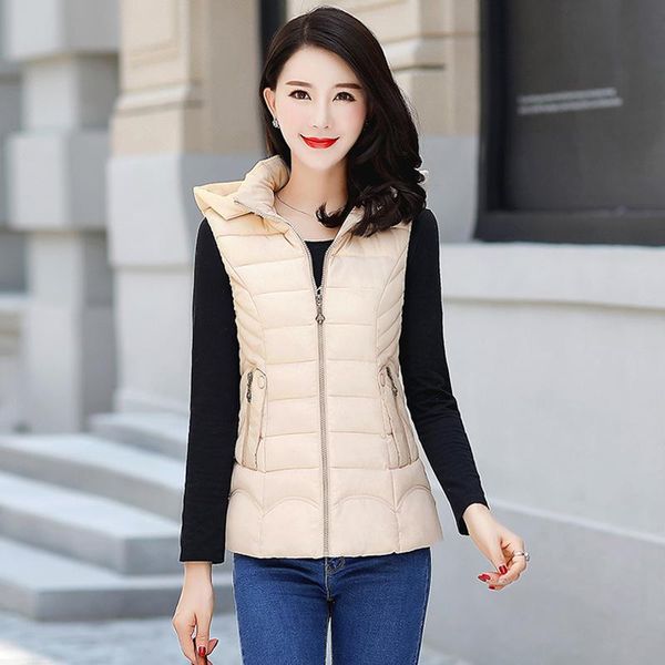 

women's vests women winter down cotton vest coats solid pocket zipper hooded jacket female warm slim waistcoat outerwear, Black;white