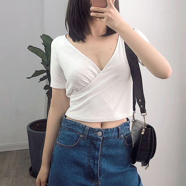 

2021 new camiseta feminina moda vero de manga curta com decote em v 2ejk, White