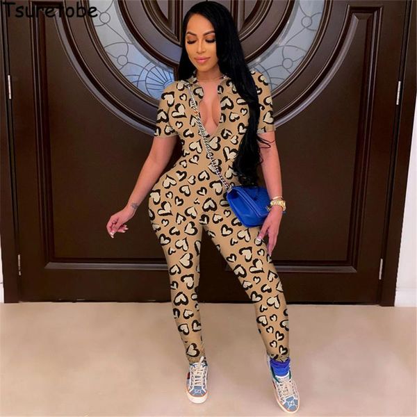 

women's jumpsuits & rompers tsuretobe leopard print jumpsuit women short sleeve romper v-neck cute one piece outfit skinny birthday mul, Black;white