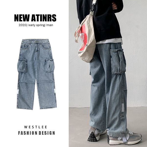 

2021 new korean wide-leg men's fashion retro multi-pocket cargo jeans men streetwear loose hip-hop straight denim trousers mens 1rx8, Blue