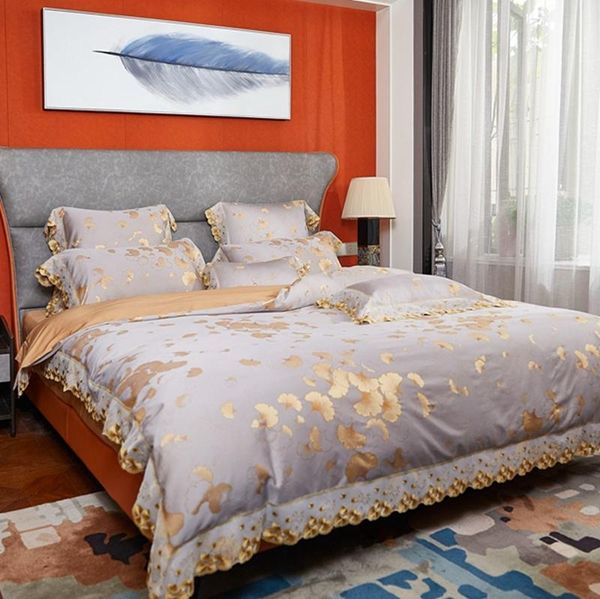 

bedding sets chic golden leaves lace duvet cover grey luxury satin cotton set bed sheet quilt pillowcases  king size 4pcs