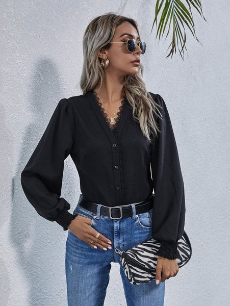 

contrast guipure lace button front puff sleeve blouse 539z#, White