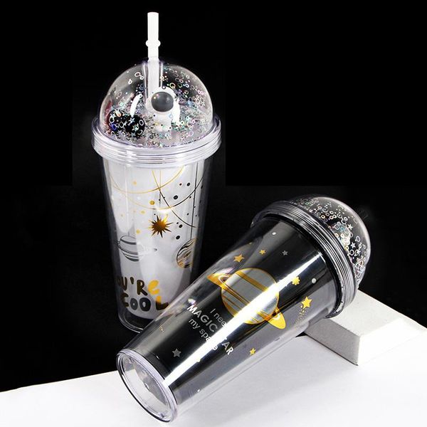 

mugs 1pcs 380ml cartoon space astronaut plastic water bottle with straw creative double layer yogurt milk mug gift for kid lovers