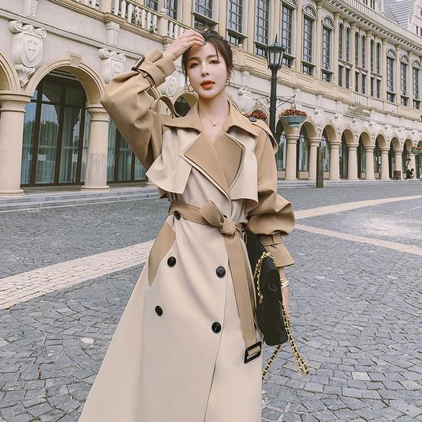 

women's trench coats england double breasted belt collar coat for women spring autumn female elegant loose mid-long windbreaker 9986, Tan;black