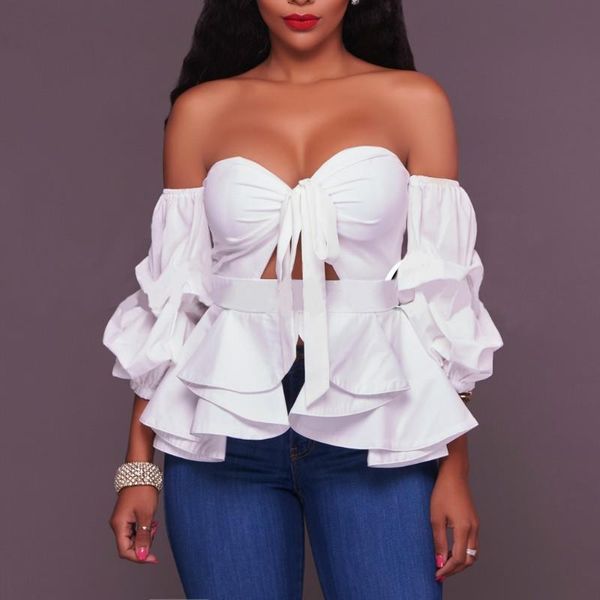 

slash neck sweetheart off shoulder women shirts lantern sleeve hollow out bow tied peplum blouse ruffles summer top, White