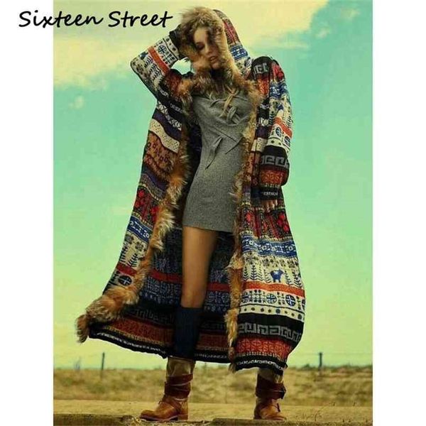 

gypsy style printed fauxfur hooded jacket women long cardigan boho outwears chic autumn winter runway 210603, Black;brown