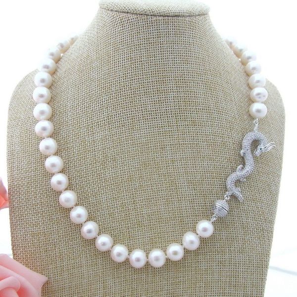 

natural 10mm white sea shell pearl necklace cz dragon clasp 20, Silver