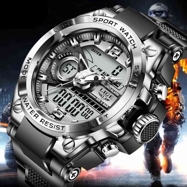 LIGE Digitale Männer Militäruhr 50 m Wasserdichte Armbanduhr LED Quarzuhr Sportuhr Männliche Große Uhren Männer Relogios Masculino 211124