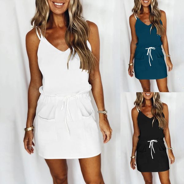 

casual solid v neck sleeveless women dresses loose strap pocket mini d4, Black;gray