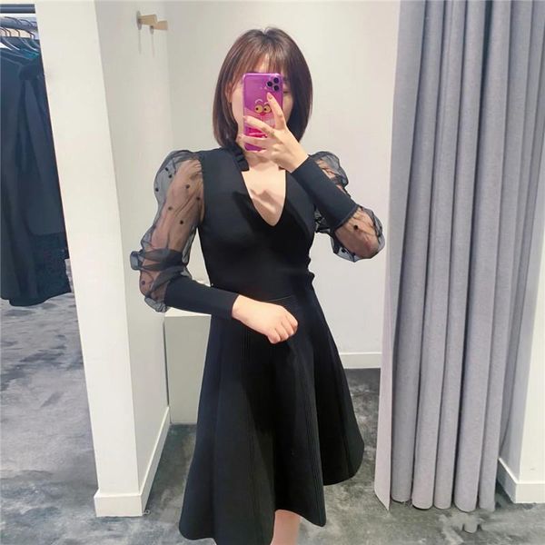 

v-neck long sleeve woman dress 2021 sping runway designers vintage puff sleeve black mini dresses for women, Black;gray