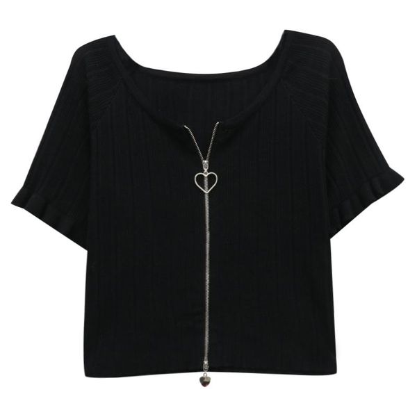 

women's t-shirt spring and summer korean style slim short section zipper short-sleeved knitted women, White