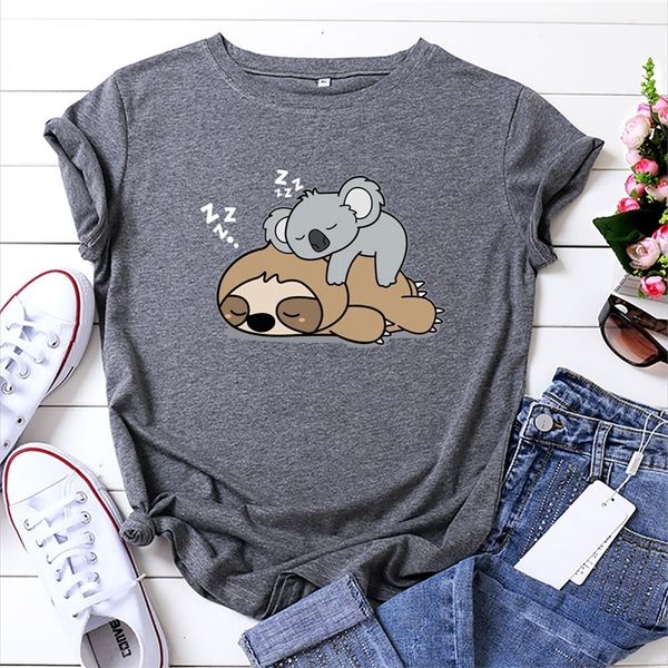 Koala Preguiça Impresso T-Shirt Mulheres Bonitos Gráfico T-shirt Melhores Amigos Engraçados T-shirt de Manga Curta Verão Streetwear Algodão T-shirts 210304