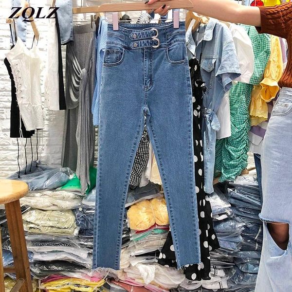 

women's jeans zqlz high waist vintage women 2021 stretch streetwear pencil denim pants mujer skinny casual spring trousers female, Blue