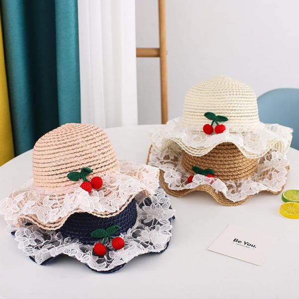 

caps & hats toddler kids baby girls straw hat cherry flower lace beach summer sunshade sun for girl children cap casquette enfant, Yellow