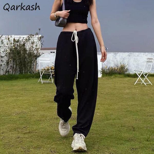 

women's pants & capris women workout cool solid black full-length drawstring soft hipster female hip hop plus size high waist straight, Black;white