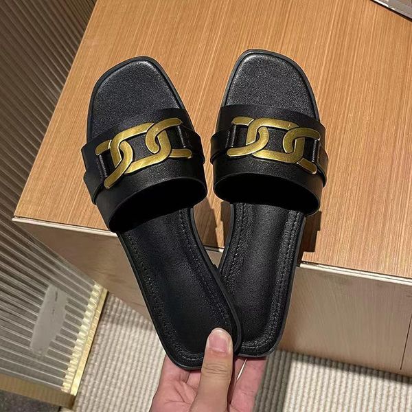 

slippers flat for women's summer 2021 style square toe sandals worn outside, Black
