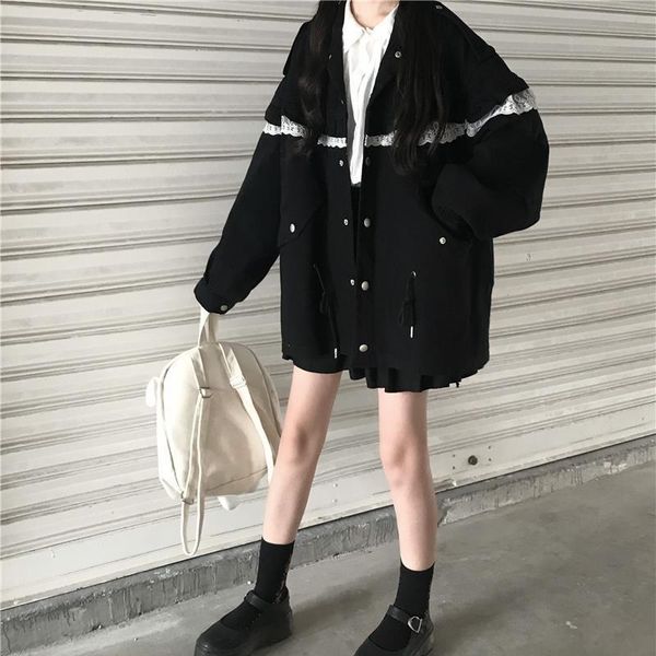 

women's jackets japanese preppy lace patchwork tooling jacket women vintage harajuku casual loose coat single breasted student outwear, Black;brown