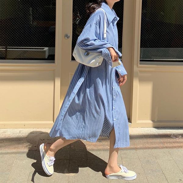 

casual dresses stripe shirt dress women streetwear korean loose long with belt classic vestidos, Black;gray