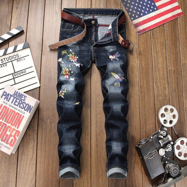 

2021 fashion ripped ny slim straight denim jeans distressed bottom new brand black pants men clothes krub, Blue