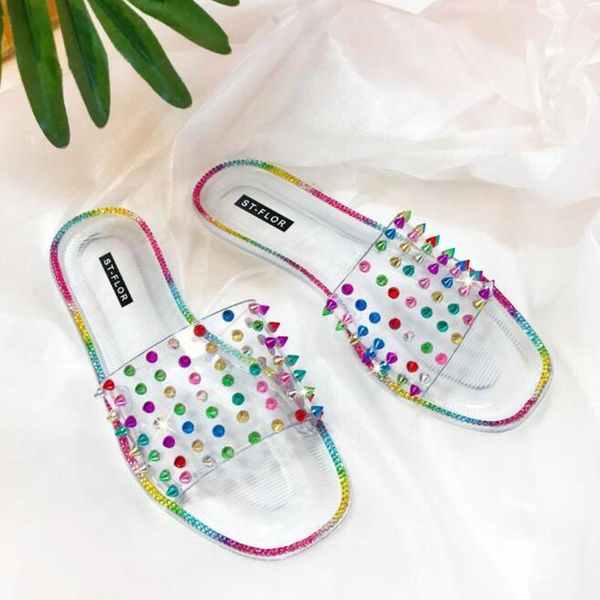

new transparent pvc crystal woman slippers 2021 summer outside women fashion slides color flat bottom travel beach shoes, Black