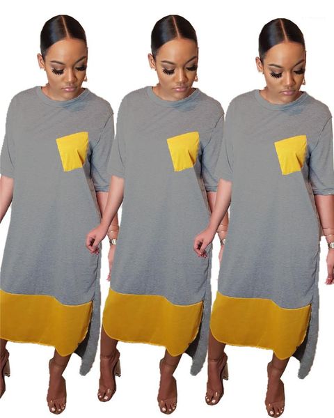 

split short sleeve womens dresses casual spring autumn females clothing patch panelled womens designer dresses fashion, Black;gray