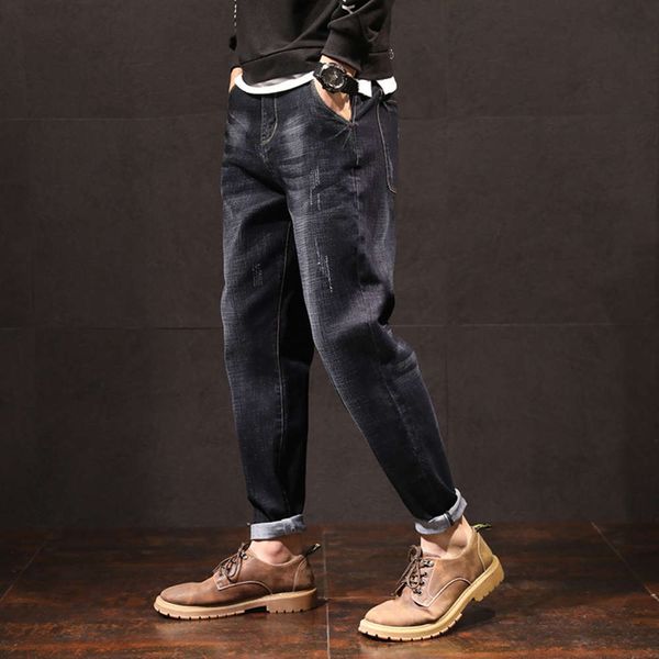 

new korean denim middle waist washed youth micro elastic pants casual black cotton straight jeans men's fashion brand, Blue