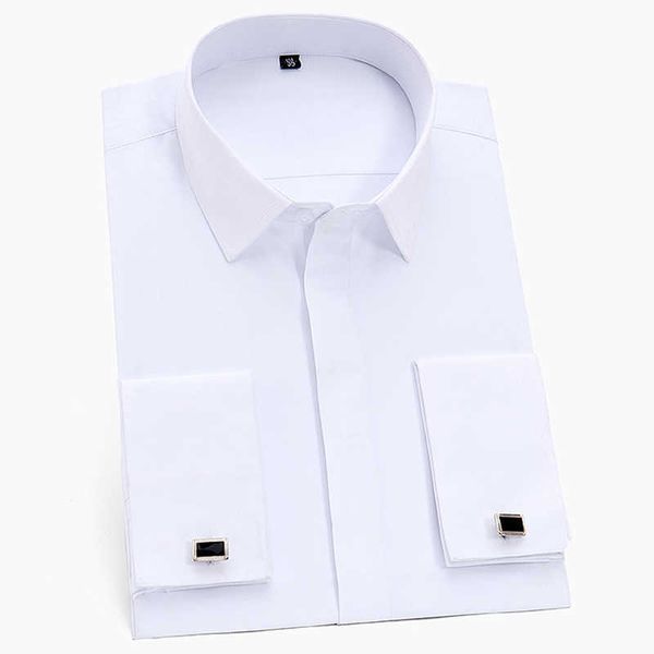 FRANÇA Abotoaduras Homens Negócios Smoking Camisas Quadrado Collar Manga Comprida Botão Coberto Sólido Sólido Social Camisa Formal 210628