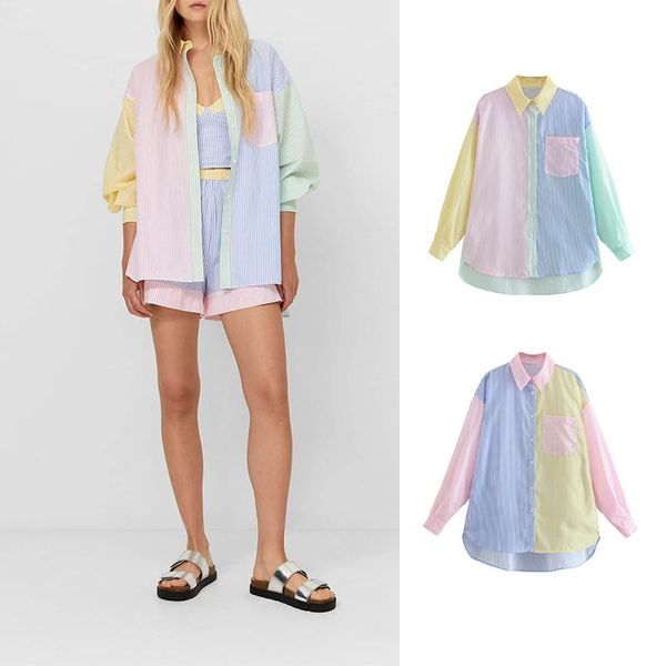 

women's blouses & shirts 2021 spring women fashion loose colorful stripe shirt female casual patchwork buttoon vintage long sleeve chic, White
