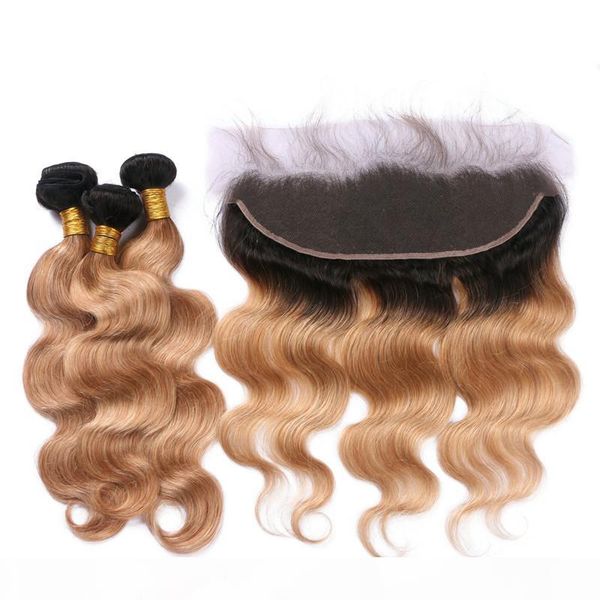 

dark roots honey blonde ombre brazilian virgin human hair wefts 3bundles with body wave 1b 27 light brown ombre full lace frontal 13x4, Black