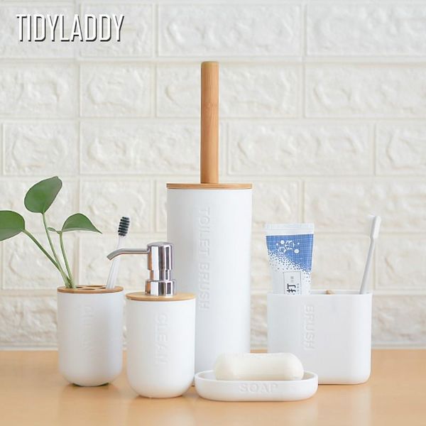 

bath accessory set bathroom toothbrush holder toilet brush cup soap press emulsion dispenser container bamboo accessories