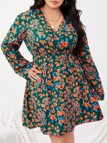 

plus floral print overlap collar dress d5x4#, Black