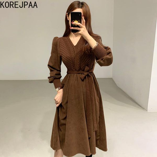 

casual dresses korejpaa woman dress 2021 korean fashion early autumn retro elegant v-neck twist splicing lace waist long sleeve sweater vest, Black;gray