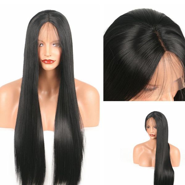 

lx brand 26inch 180%density long straight synthetic lace front wig for women with baby hair heat resistant fiber hair daily wear wigsfactory, Black