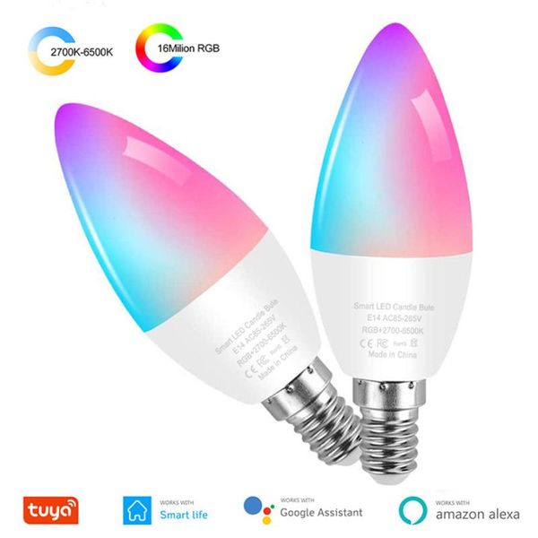 

bulbs tuya wifi e14 smart bulb rgb+w+c led candle dimmable light life/remote control compatible with alexa google home 4w