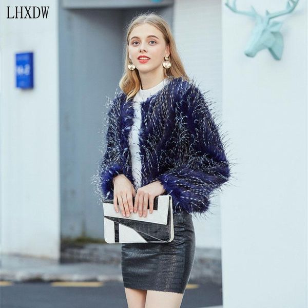 

women's fur & faux blue peacock hair short style shaggy coats coat womens fluffy jacket, Black