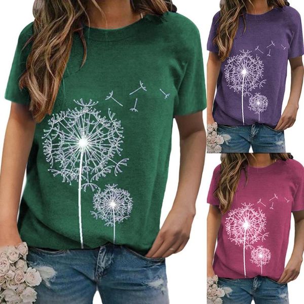 

women's t-shirt women casual solid color short sleeve o neck dandelions print loose, White