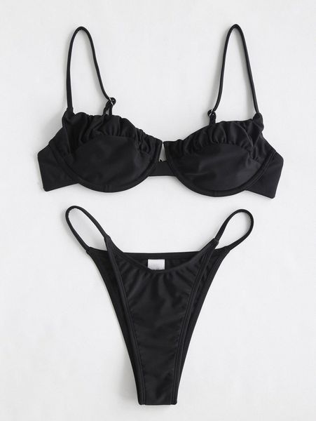 

solid ruched bikini swimsuit s2mf#, White;black