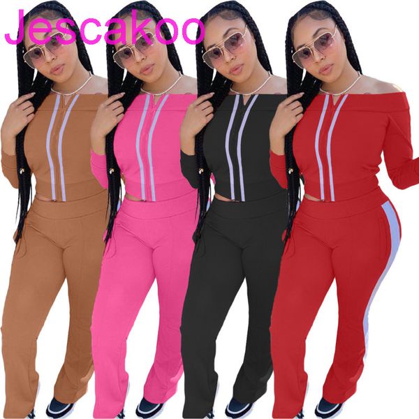

women two piece tracksuits 2021 slim slash neck zipper coat long pants webbing on the side ladies bodycon outfits striped sportswear, White