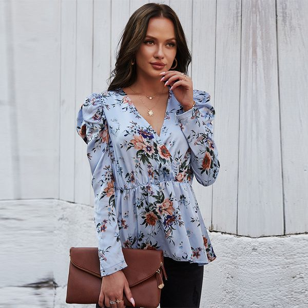

spring summer sleeve print casual ruffles v neck blouse shirt for women 2021 new fashion 6zay, White