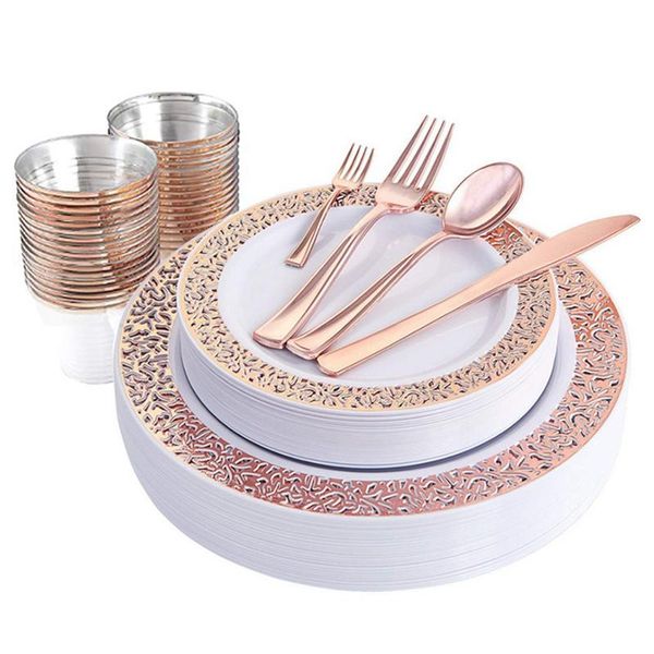 

disposable dinnerware 1 sets of rose gold tableware set cup plastic plate table knife wedding banquet supplies