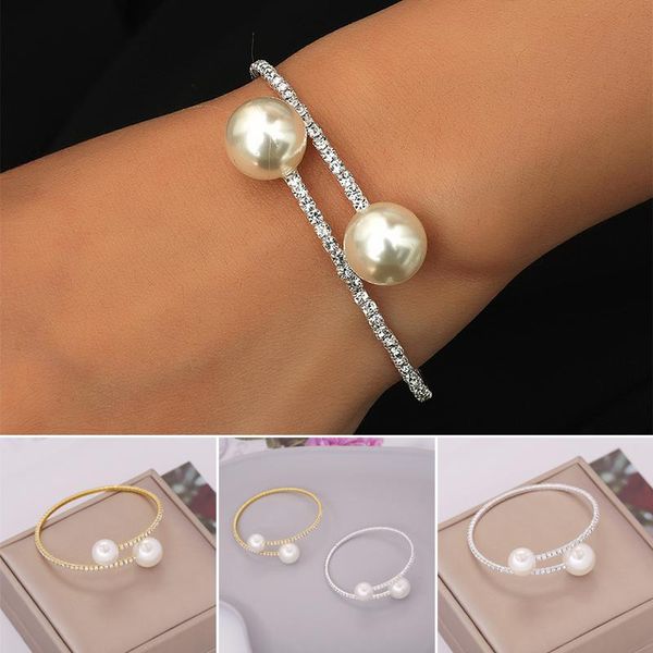 

bangle wholesale single rows pearl bracelet full rhinestone inlaid open cuff adjustable stretch for friends sisters aic88, Black
