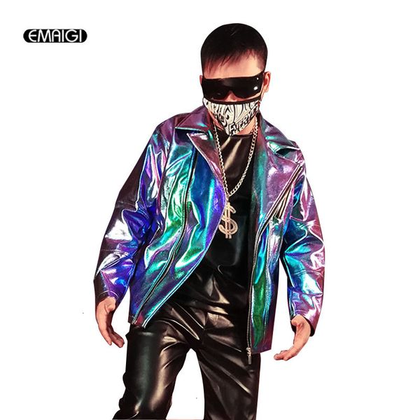 

men fashion shining motorcycle jacket stage clothes male streetwear hip hop casual leather coat custom made, Black;brown