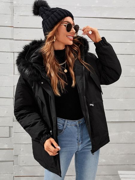

drawstring waist parka winter coat d2wd#, Black