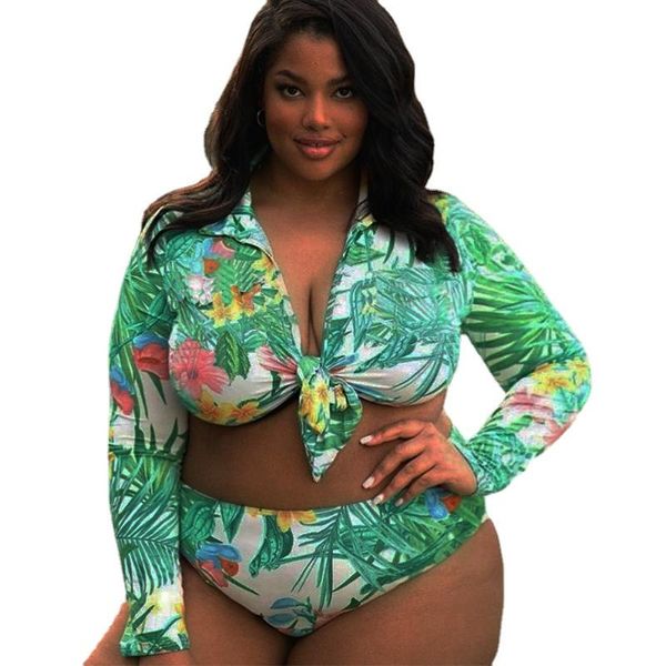 

women's plus size swimwear s-5xl two piece swimsuit women leaf print monokini high waist bathing suit 2022 summer long sleeve beachwear, Black