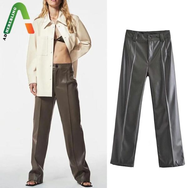 

women's pants & capris adherebling za 2021 women elegant pu leather long casual zipper-up high waist trousers office lady straight fema, Black;white
